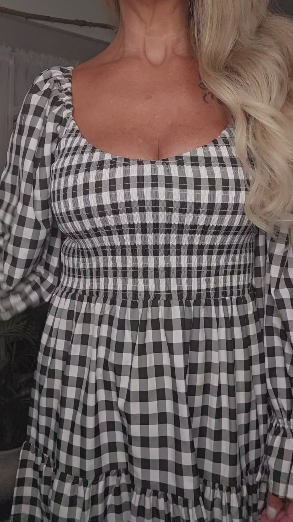 Gingham Long Sleeves with Ruffle Cuffs Dress