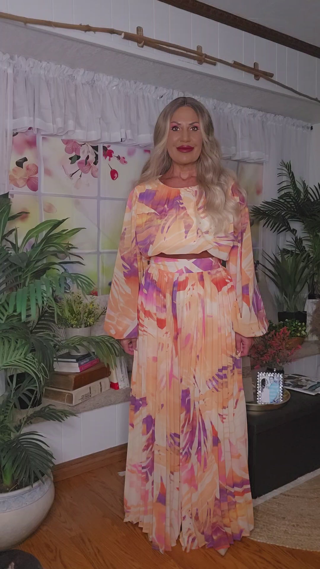 Purple & Orange Pleated Wide Leg Pants