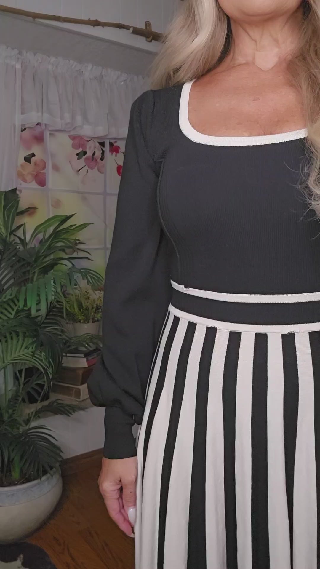 Black & Cream Striped Sweater Dress