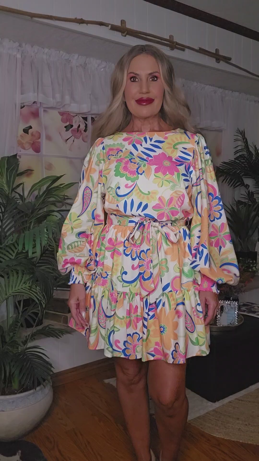 Vibrant Long Bubble Sleeves Floral Dress