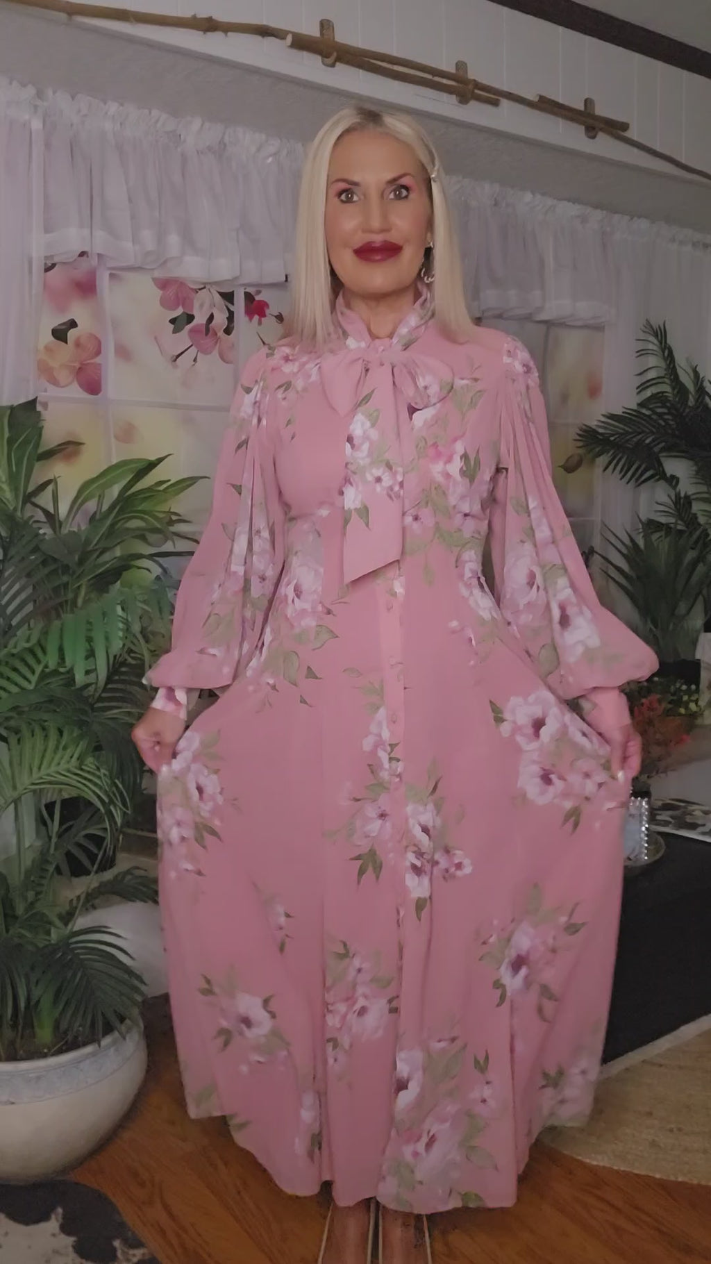 Long Sleeves, Front Tie, Floral Maxi Dress