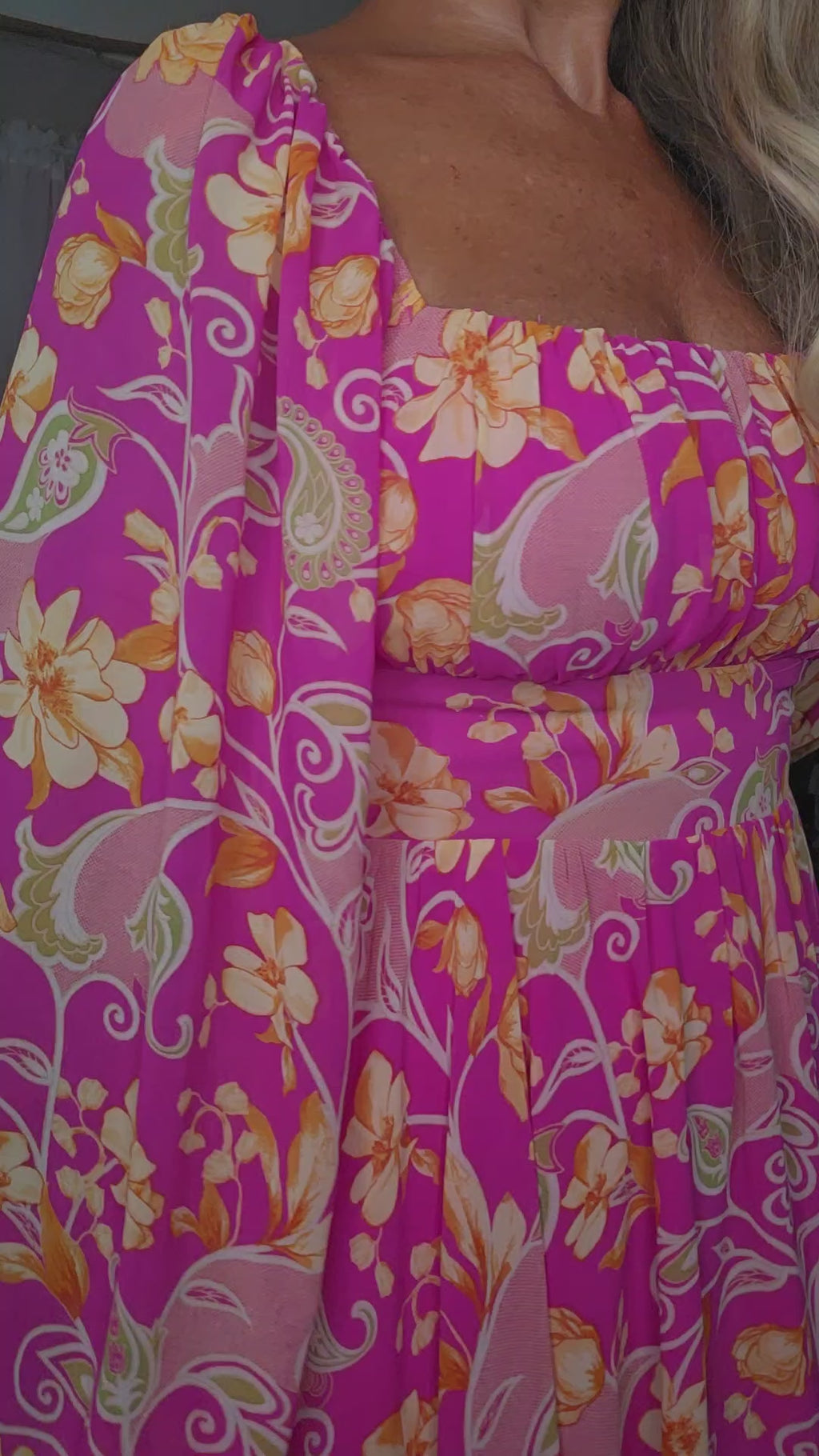 Long Bubble Sleeves Square Neckline Floral Dress