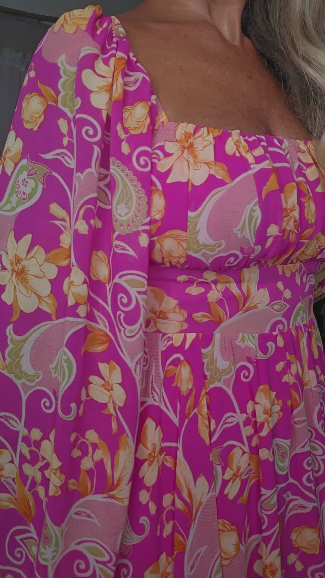 Long Bubble Sleeves Square Neckline Floral Dress