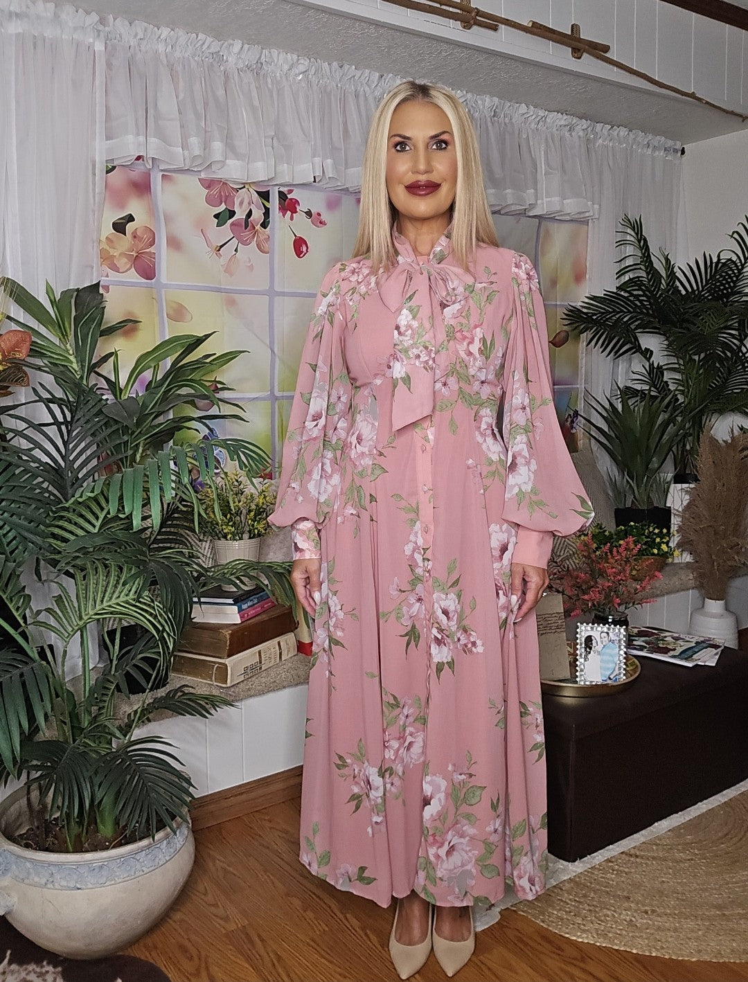 Long Sleeves, Front Tie, Floral Maxi Dress