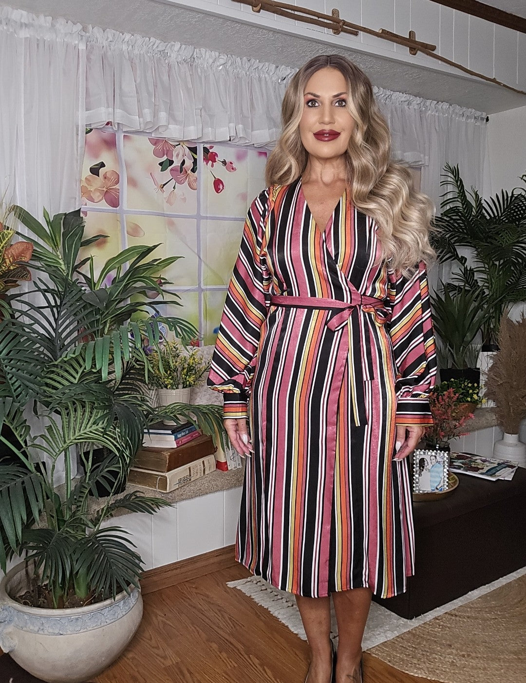 Multi-Colored Striped Wrap Dress