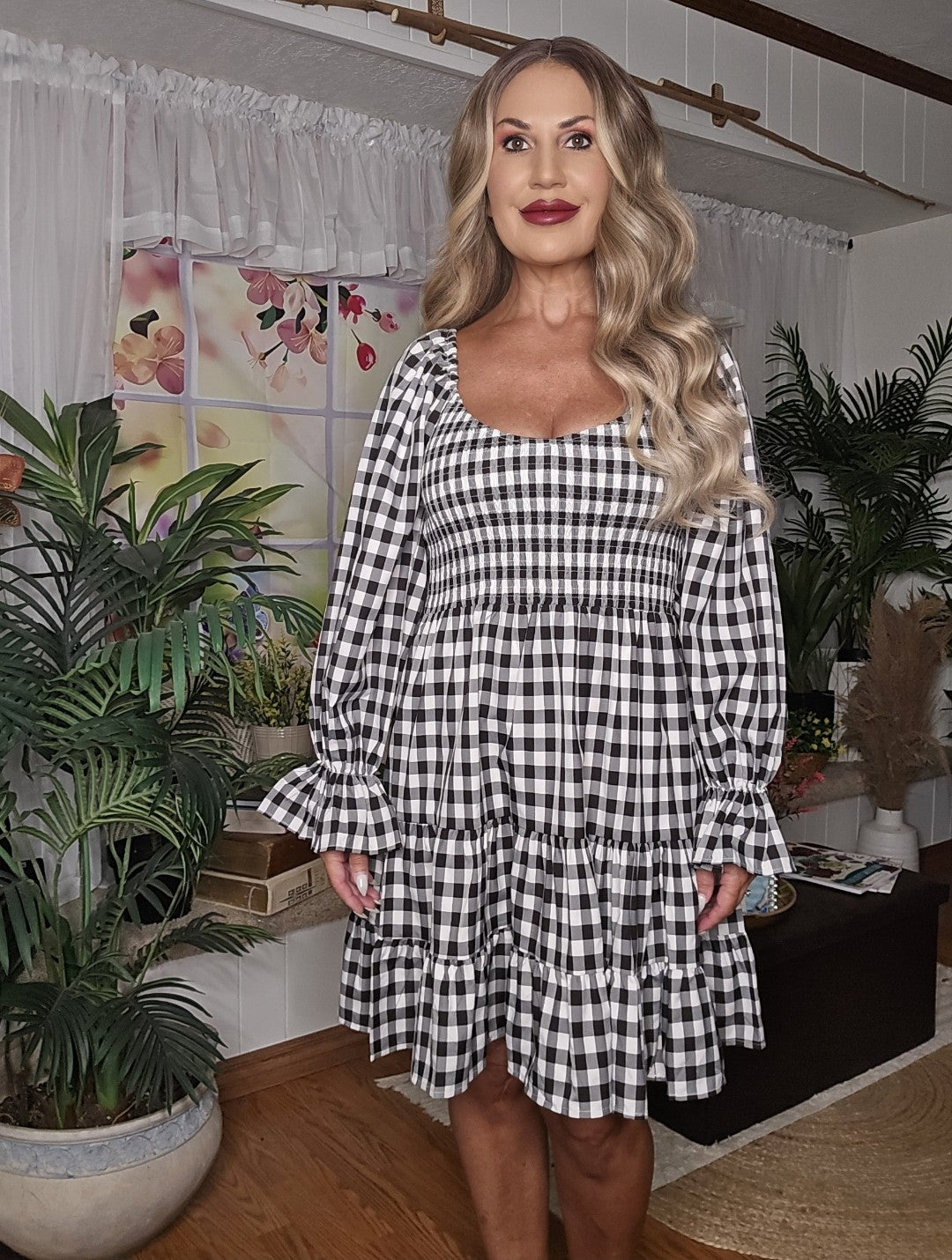 Gingham Long Sleeves with Ruffle Cuffs Dress
