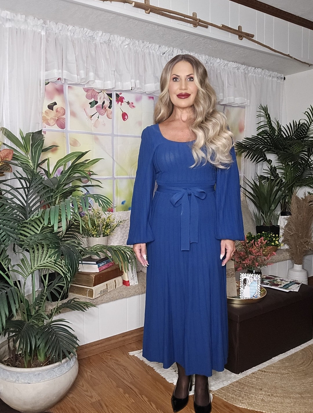 Blue Ribbed Fitted Fine Knit Dress