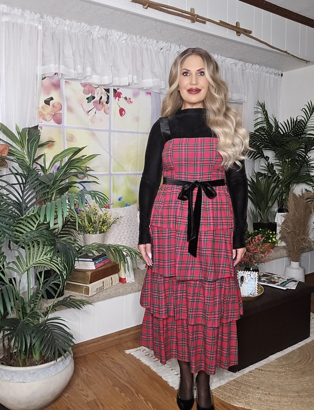Red Plaid Dress with Velvet Details