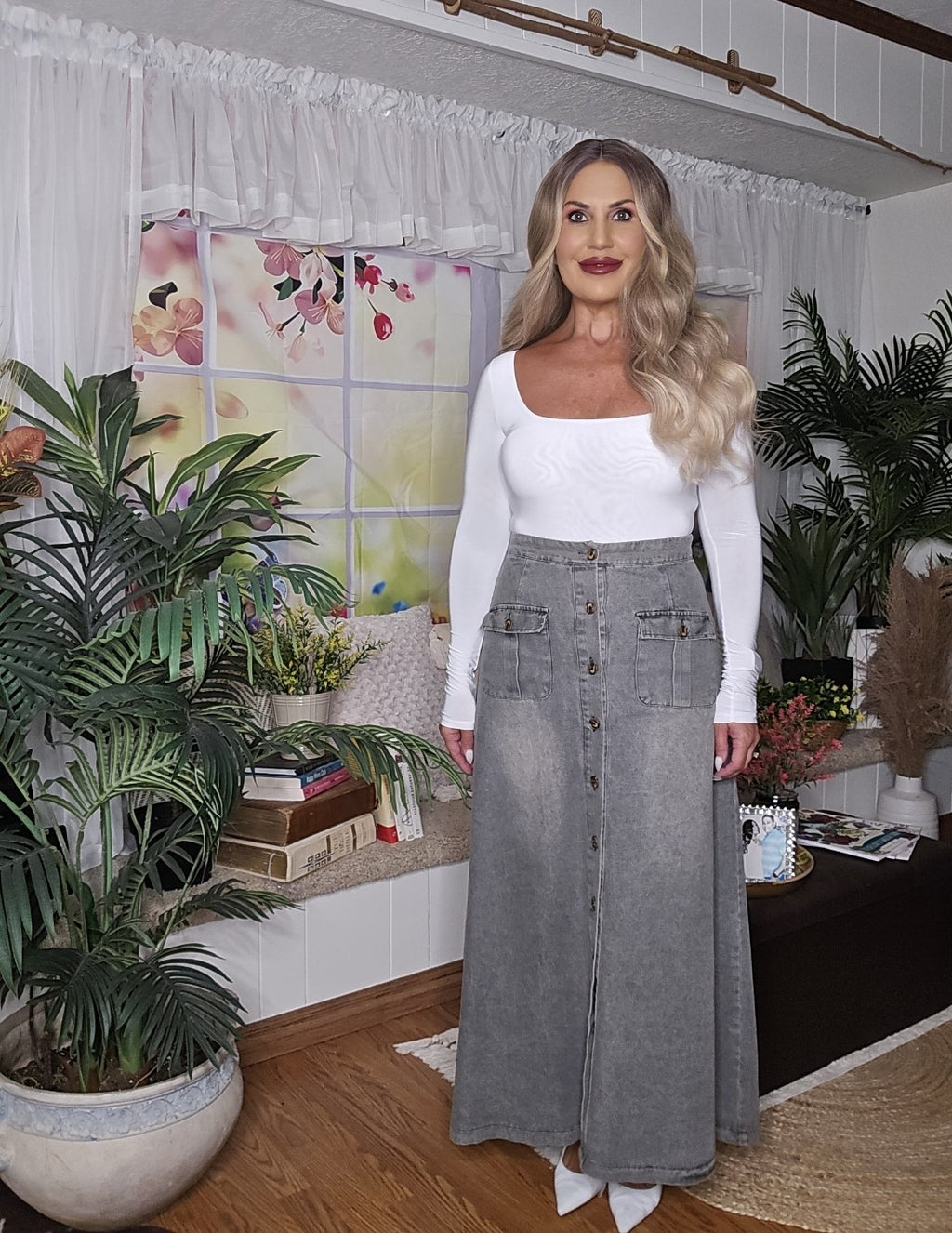 Gray Denim Maxi Skirt