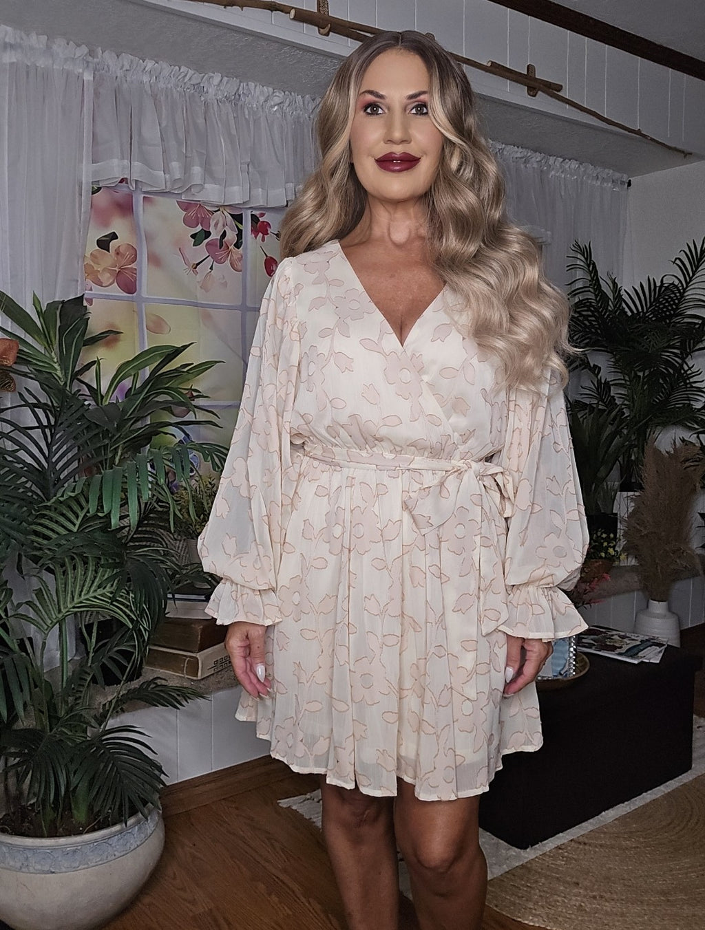 Floral Long Bubble Sleeves with Ruffle Cuffs Dress